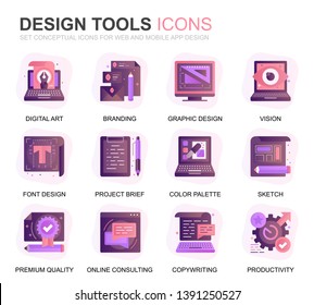 Modern Set Design Tools Gradient Flat Icons for Website and Mobile Apps. Contains such Icons as Creative, Developing, Precision, Vision, Sketch. Conceptual color flat icon. Vector pictogram pack.