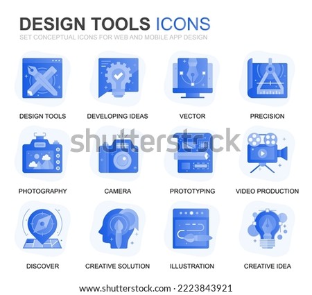 Modern Set Design Tools Gradient Flat Icons for Website and Mobile Apps. Contains such Icons as Creative, Developing, Precision, Vision, Sketch. Conceptual color flat icon. Vector pictogram pack.