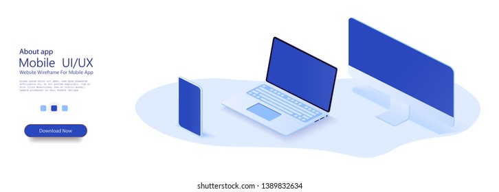 Dispositivo moderno. Smartphone, laptop, pc. Dispositivos digitales inteligentes como teléfono, portátil, ordenador . Ilustración vectorial isométrica 3d sobre fondo azul oscuro. 
