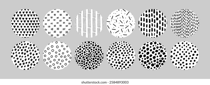 Modern set of doodle texture circles with dots, triangles, dashes, lines, and small circles. Perfect for patterns, packaging, branding, scrapbooking, or creative digital and print projects. Vector art