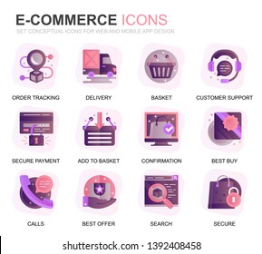 Modern Set E-Commerce and Shopping Gradient Flat Icons for Website and Mobile Apps. Contains such Icons as Delivery, Payment, Basket, Customer, Shop. Conceptual color flat icon. Vector pictogram pack.