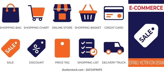 Um conjunto moderno de ícones vetoriais de e-commerce que abrangem compras, pagamento, entrega e métodos de pagamento. Perfeito para sites, aplicativos e materiais de marketing relacionados a varejo e serviços online.