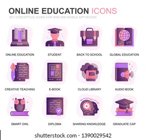 Modern Set Education and Knowledge Gradient Flat Icons for Website and Mobile Apps. Contains such Icons as Studying, School, Graduation, E-Book. Conceptual color flat icon. Vector pictogram pack.