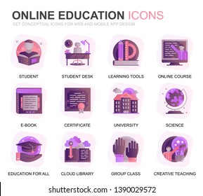 Modern Set Education and Knowledge Gradient Flat Icons for Website and Mobile Apps. Contains such Icons as Online Course, University, Studying, Book. Conceptual color flat icon. Vector pictogram pack.