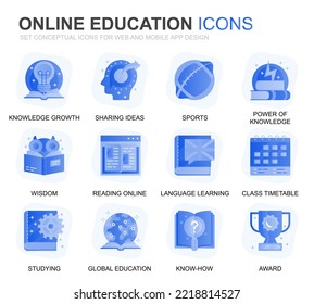 Iconos planos modernos de educación y degradado de conocimiento para sitios web y aplicaciones móviles. Contiene iconos como cursos en línea, universidad, estudio, libro. Icono plano de color conceptual. Paquete de pictogramas vectores.