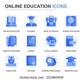 Iconos planos modernos de educación y degradado de conocimiento para sitios web y aplicaciones móviles. Contiene iconos como el estudio, la escuela, la graduación, el libro electrónico. Icono plano de color conceptual. Paquete de pictogramas vectores.