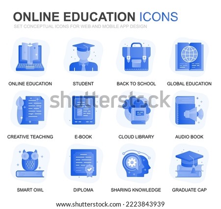 Modern Set Education and Knowledge Gradient Flat Icons for Website and Mobile Apps. Contains such Icons as Studying, School, Graduation, E-Book. Conceptual color flat icon. Vector pictogram pack.