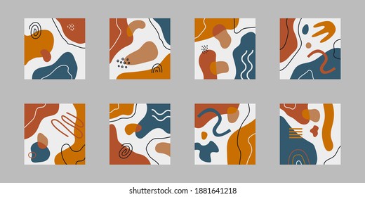 Modern set of eight abstract backgrounds with colorful geometric shapes and line on light background. Vector creative design 