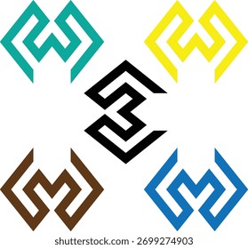 Um conjunto moderno de cinco logotipos abstratos com formas angulares interligadas dispostas em um layout circular. E