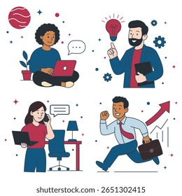 Moderno conjunto de Vectores planos con cuatro profesionales creativos trabajando juntos. Concepto de trabajo en equipo, análisis de datos, pensamiento innovador, comunicación. artes digitales para publicaciones, tarjetas, sitios, ilustraciones