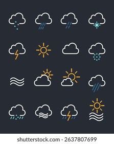 A modern set of flat weather icons featuring sun, rain, snow, fog, and storms—ideal for apps, dashboards, or infographics.