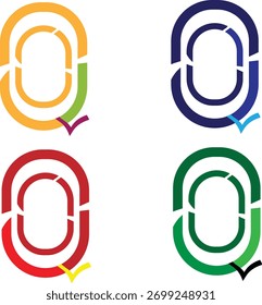 Un conjunto moderno de cuatro logotipos abstractos con bucles entrelazados con un acento de marca de verificación, que simboliza la verificación, la confianza y la conexión.