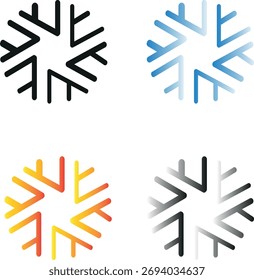 Un conjunto moderno de cuatro iconos abstractos, estilizados copo de nieve o congelar. Los iconos se presentan en un contorno negro, un degradado azul, un degradado rojo, amarillo (contraste frío, calor) y un degradado en escala de grises. 
