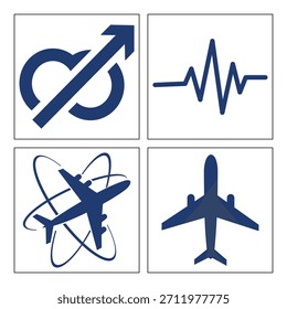 A modern set of four aviation-themed vector icons featuring a looping flight path with an upward arrow, an aviation heartbeat line, an aircraft with dynamic orbital trails, and a clean airplane silhouette. Designed in a bold blue color, these symbols are ideal for aerospace branding, pilot training materials, travel graphics, and modern aviation-themed design projects.A modern set of four aviation-themed vector icons featuring a looping flight path with an upward arrow, an aviation heartbeat line, an aircraft with dynamic orbital trails, and a clean airplane silhouette. Designed in a bold blue color, these symbols are ideal for aerospace branding, pilot training materials, travel graphics, and modern aviation-themed design projects.