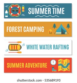 Modern set of four horizontal web banners for rafting, camping or other summer activities. Flat design. Colorful vector illustration with safety ring, tent, campfire, raft, map. For web, ads, media.