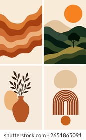 Um conjunto moderno de quatro impressões de arte de parede boho minimalista com desenhos abstratos em tons quentes da terra. Esta coleção inclui paisagens desérticas onduladas, colinas verdes rolantes com um sol, um vaso de terracota