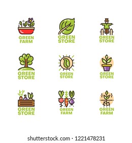 Modern set of gardening logos. Premium green logotypes collection. Vector farm illustration. Line plant pictogram pack.