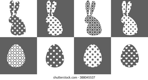 Modern set of gray Easter icons. Rabbits and eggs silhouettes. Vector stickers with different patterns.