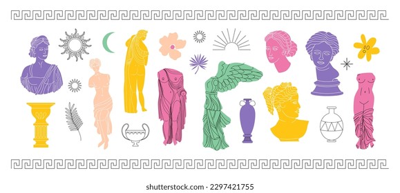 Modern set of Greek statues, columns, celestial elements, vases, flowers. Ancient Greek goddess, antique statue, sculpture. Vector isolated on white background. Renaissance. Hand drawn line art