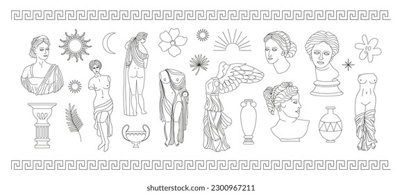 Modern set of Greek statues, sculptures, columns, celestial elements, vases, flowers. Ancient Greek goddess, antique statue. Linear vector isolated on white background. Hand drawn line art