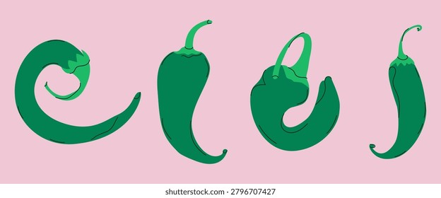 A modern set of green hot chili peppers with a delicate black outline stroke, isolated on a pastel pink background.