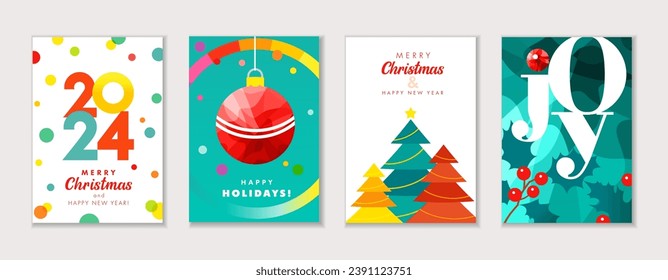 Conjunto moderno de tarjetas de felicitación o afiches para Navidad y Año Nuevo 2024. Tarjeta de felicitación Felices Festividades con árbol de navidad, bola de navidad, inscripción JOY y berry holly