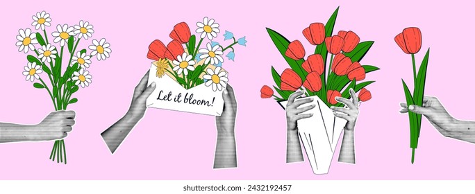 Modern set of greeting elements in retro collage style. Female hands with a halftone effect hold a bouquet of flowers, a congratulatory envelope with flowers, daisies and tulips.