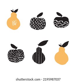 Modern set hand drawn apples and pears with textures for greetings social media brochurs flyers