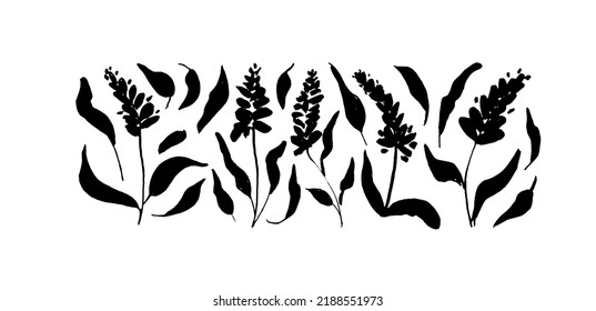 Modern  set with hand drawn plant  flowers lavender . Graphic hand drawn  botanical pattern with franch motif. Leaves and blooms lavender.