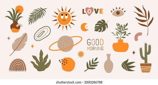 Modern set of hand drawn various shapes, phrases, plants, tropical elements and doodle objects. Abstract contemporary trendy vector design in boho style	