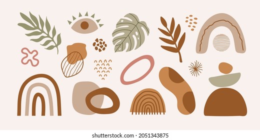 Modern set of hand drawn various shapes, tropical elements and doodle objects. Abstract contemporary trendy vector design in boho style