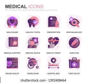 Modern Set Healthcare and Medical Gradient Flat Icons for Website and Mobile Apps. Contains such Icons as Ambulance, First Aid, Research, Hospital. Conceptual color flat icon. Vector pictogram pack.