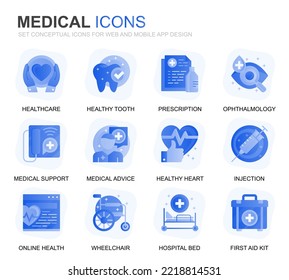 Modern Set Healthcare and Medical Gradient Flat Icons for Website and Mobile Apps. Contains such Icons as Ambulance, First Aid, Research, Hospital. Conceptual color flat icon. Vector pictogram pack.