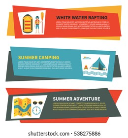 Modern set of horizontal web banners with buttons for rafting, camping or other summer activities. Colorful vector illustration, flat design. Icons for map, campfire, tent, raft, oars, stopwatch etc.