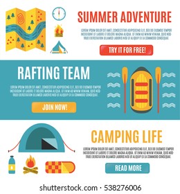 Modern set of horizontal web banners with buttons for rafting, camping or other summer activities. Colorful vector illustration, flat design. Icons for map, campfire, tent, raft, oars, stopwatch etc.