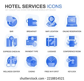 Modern Set Hotel Service Gradient Flat Icons for Website and Mobile Apps. Contiene iconos como restaurante, servicio de habitaciones, recepción. Icono plano de color conceptual. Paquete de pictogramas vectores.
