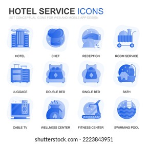 Modern Set Hotel Services Gradient Flat Icons for Website and Mobile Apps. Contains such Icons as Luggage, Reception, Room Services, Fitness Center. Conceptual color flat icon. Vector pictogram pack.