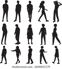 A modern set of human silhouettes in casual standing and walking poses. This pack includes diverse male and female figures, ideal for lifestyle illustrations, editorial layouts, storyboards.
