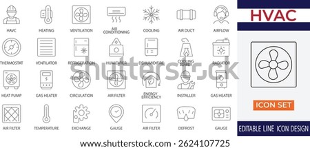 A modern set of HVAC icons representing heating, ventilation, air conditioning, temperature control, airflow, thermostats, cooling systems, and more line icons