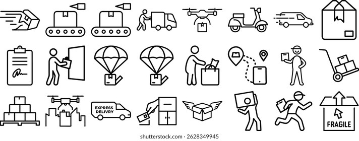 A modern set icon collection illustrating diverse concepts of rapid logistics and efficient package delivery systems.
