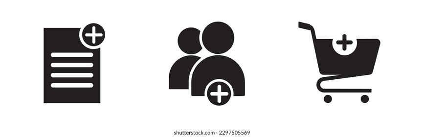 Modern set icons of group of people, document, add to cart icon. Vector illustration.