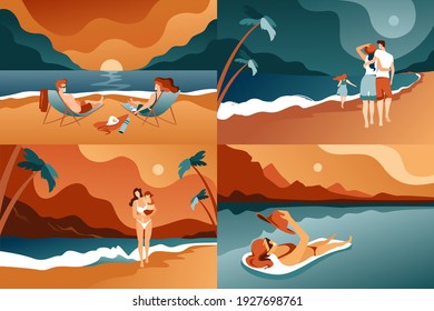 Modern set of illustrations, vacation on the beach. The characters are relaxing by the sea, sunbathing, walking at any time of the day. People on vacation, vector for gift certificates and cards.