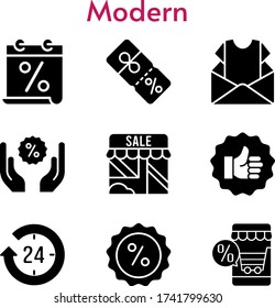 modern set. included calendar, newsletter, online shop, 24-hours, shop, like, discount icons. filled styles.