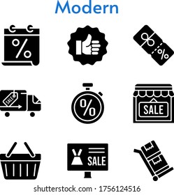 modern set. included calendar, online shop, shop, like, discount, shopping-basket, delivery truck, stopwatch, trolley icons. filled styles.