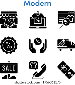 modern set. included handshake, online shop, sale, discount, phone call, delivery truck icons. filled styles.