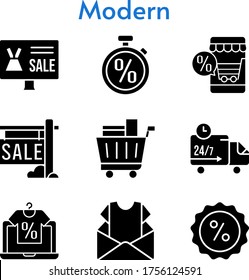 modern set. included online shop, newsletter, sale, shopping cart, discount, delivery truck, stopwatch icons. filled styles.