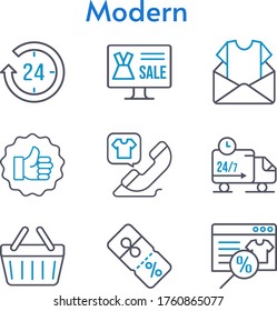 modern set. included online shop, newsletter, 24-hours, like, phone call, discount, shopping-basket, delivery truck icons. bicolor styles.
