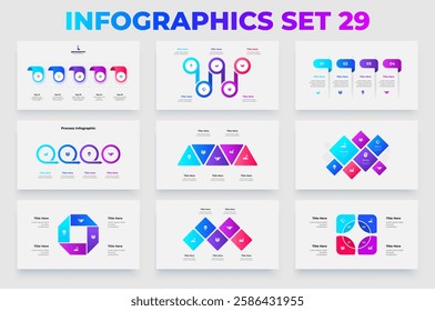 Modern set of infographics featuring process and diagram templates for business strategies, workflow visuals, and professional projects