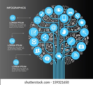 A modern set of infographics and icons Social Media. Icons of network and technology in the form of a tree. Template with text and numbers. Background to the concept of adverse communication.