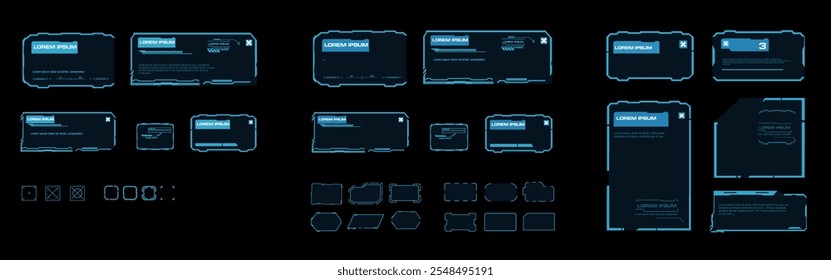 Blocos e quadros modernos de elementos interativos definidos para a interface HUD tecnológica. Quadros e blocos de tecno com informações e dados para comunicação e correspondência